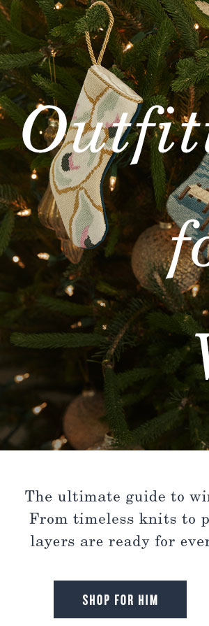 Outfitted for Winter. Needlepoint stockings hanging on Christmas tree. Shop for Him.
