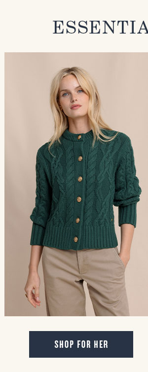 Essential Layers. Woman in green knit cardigan. Shop for Her.