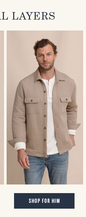 Man in beige shacket and blue jeans. Shop for Him.