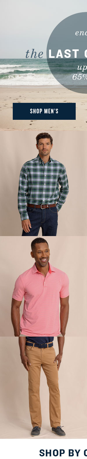 Shop Men's End of the Last Catch sale up to 65% off. Man in green plaid sport shirt. Man in blue polo shirt. Man in brown pants.