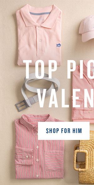 Top picks for valentine's day. Shop for him. Men's and women's polos and button down folded down with accessories.