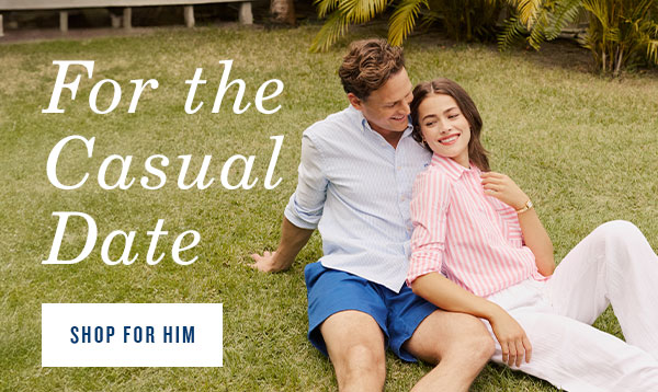 For the picnic date. Shop for him. Man in button down and shorts sitting with woman in striped button down and white pants.