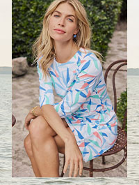 Woman in printed mini dress.