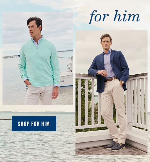 Man in green quarter zip. Man wearing navy blazer, sport shirt, and pants. Shop for Him.