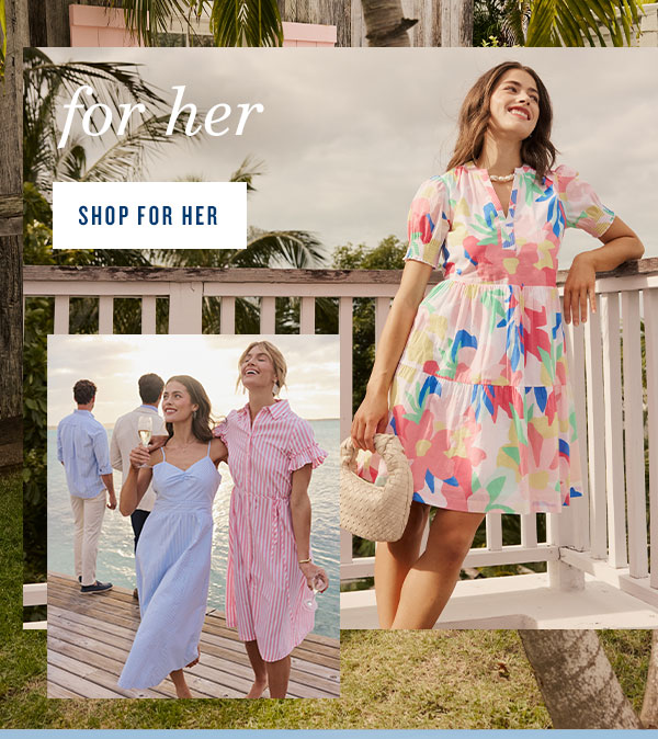 Shop for her. Woman wearing printed mini dress with puff sleeves. Two women standing next to each other wearing a tank midi dress and striped midi dress.