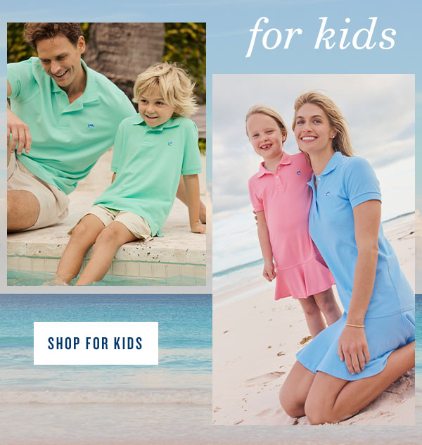 Man and boy wearing green polo shirts. Woman and girl wearing matching dresses. Shop for Kids.