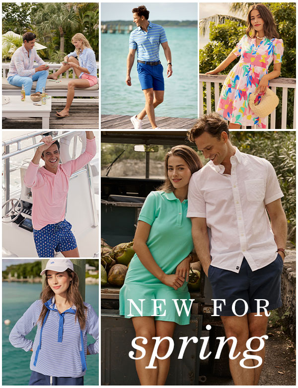 Grid of images featuring male and females models wearing preppy, southern clothing. New for Spring.