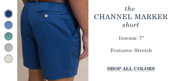The Channel Marker Short. Man in blue shorts.