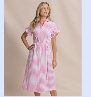 Woman in striped midi dress.