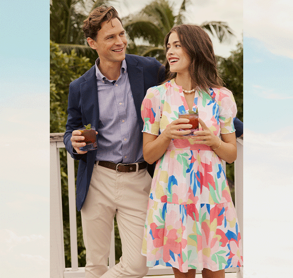 Rotating images of woman in pink maxi dress. Woman in printed dress with man in navy blazer. Man in blue pullover with woman.