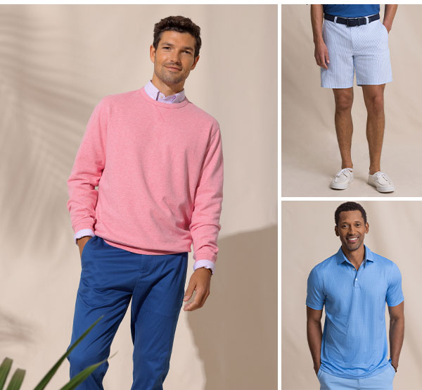 Man in pink pullover. Man in seersucker shorts and man in blue polo.
