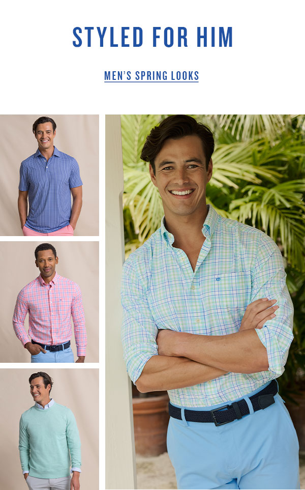 Collection of images of men in long sleeve sport shirts and short sleeve polos. Shop men's spring looks.