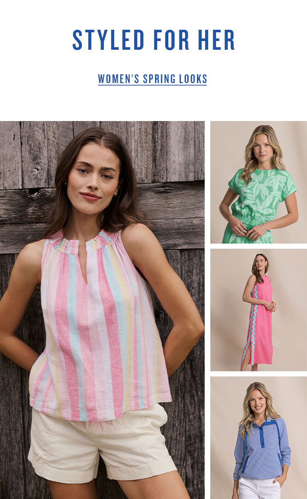 Collection of images of womens in colorful tops, a long pink dress, and blue athletic pullover. Shop women's spring looks.