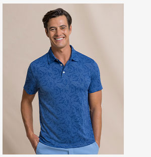 Man in blue printed polo.