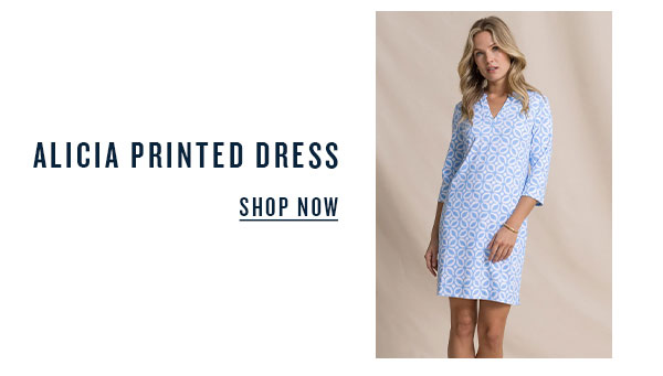 Alicia Printed Dress. Shop now. Woman in blue and white patterned dress.
