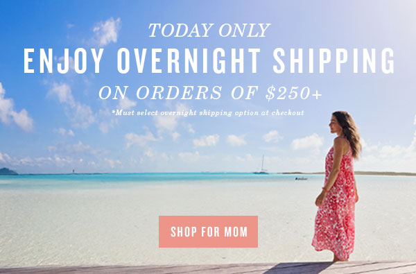 Today only, enjoy overnight shipping on orders of $250+. Woman on the bach in pink and white floral cover-up. 