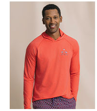 Man in red performance hoodie pullover.