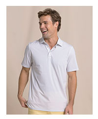Man in gray and white striped polo and yellow shorts.