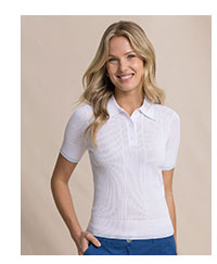 Woman in white collared shirt.