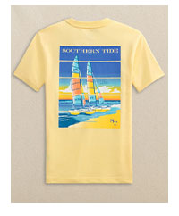 Image of yellow graphic tee with sailboats.