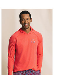 Man in red performance hoodie.