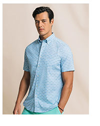 Man in blue and white patterned short sleeve sport shirt.