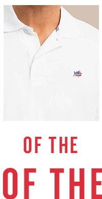 Man in white embroidered USA flag Skipjack polo.