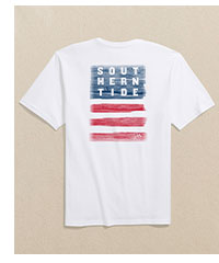 White t-shirt with American flag graphic.