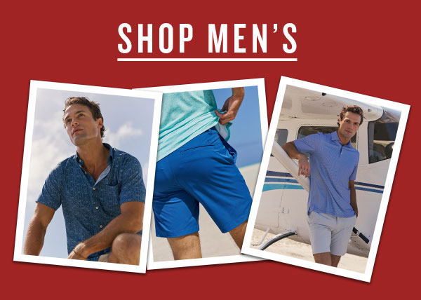 Shop men's. Images of men in polos, shorts and sport shirts.