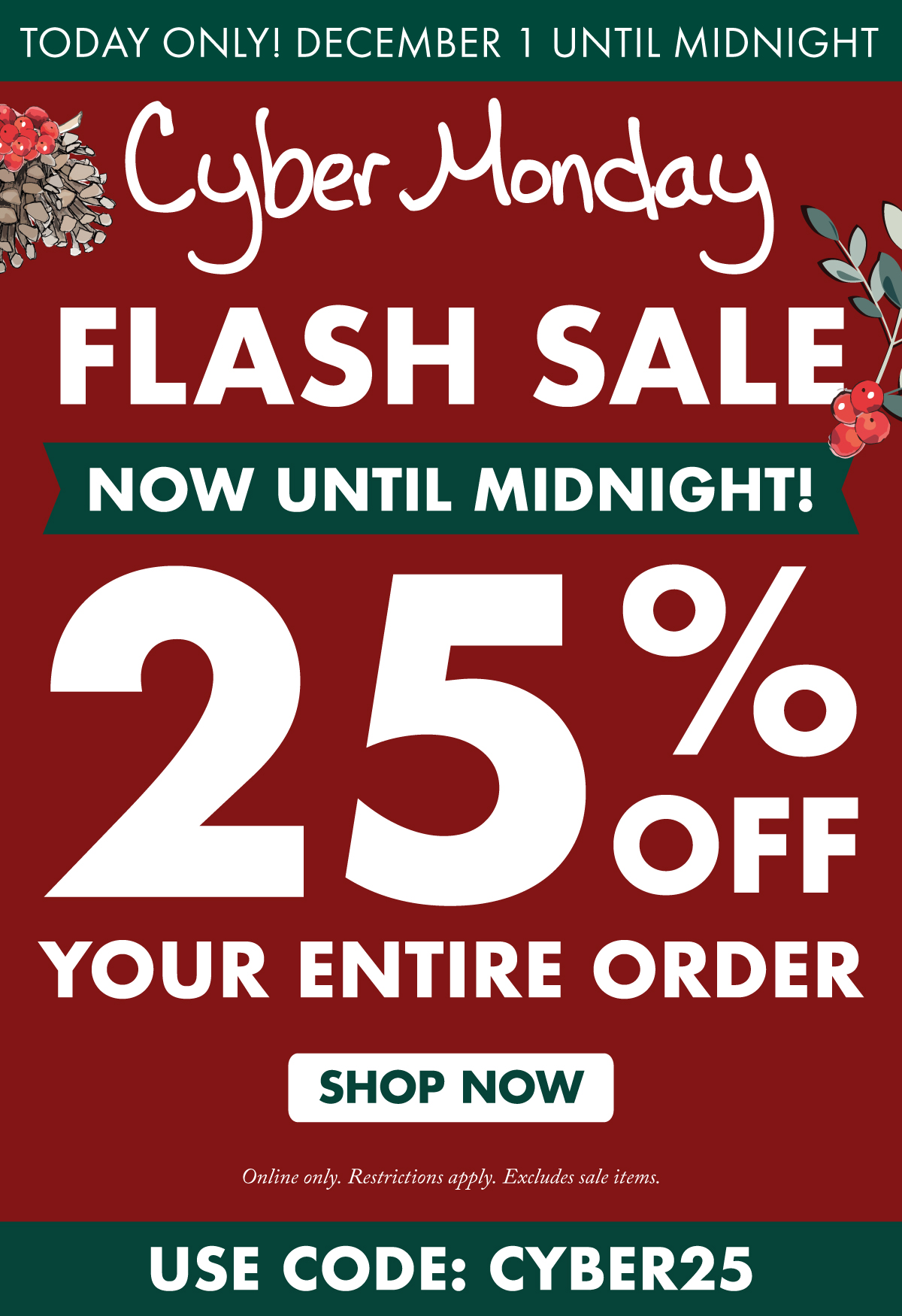 Today Only! December 1 Until Midnight Cyber Monday Flash Sale 25% OFF Your Entire Order Online only. Restrictions apply. Excludes sale items.  Shop Now | Use Code: CYBER25