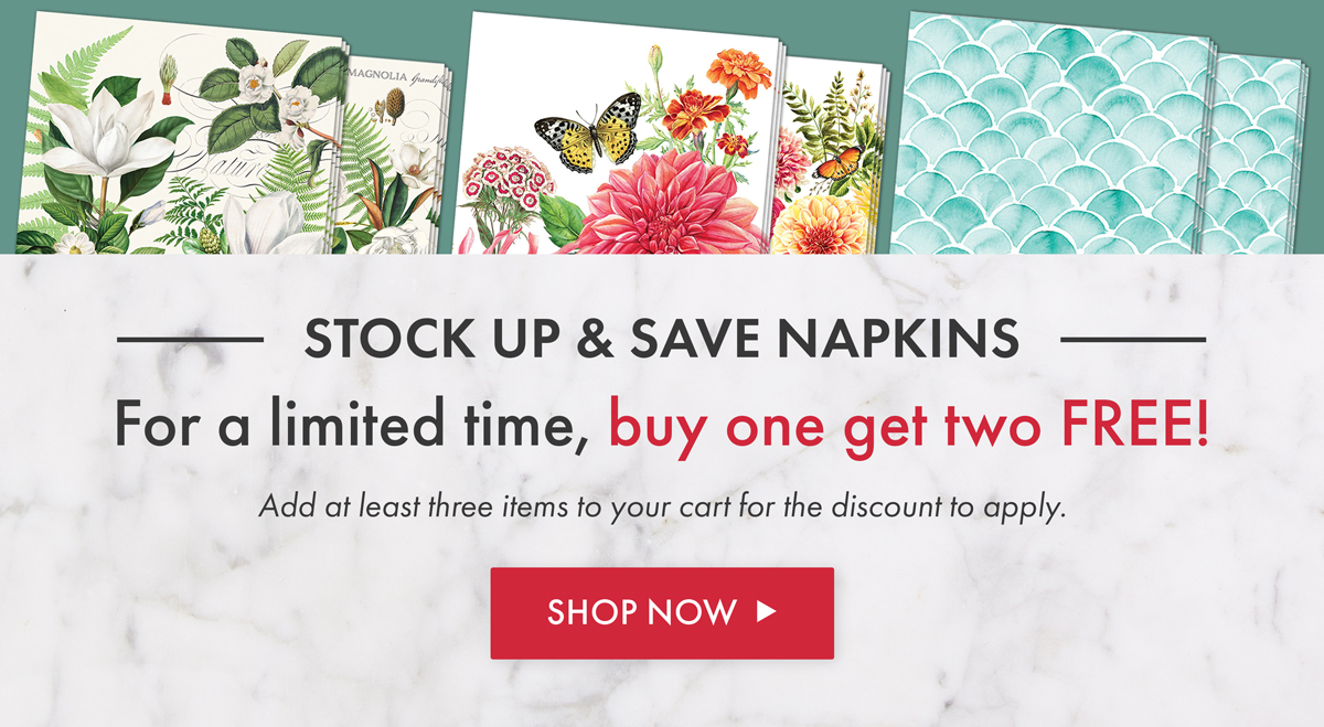 Free Gift with Purchase on Orders $50 & Up! Enjoy one package of soft, triple-ply paper luncheon napkins from our spring-inspired Cotton & Linen Collection while supplies last.  Excludes the purchase of certain gifts and the value of these gift items will not count towards the $50 order minimum. No cash value. Cannot be refunded upon return. Free gift will automatically be applied at checkout with order minimum of $50.00.