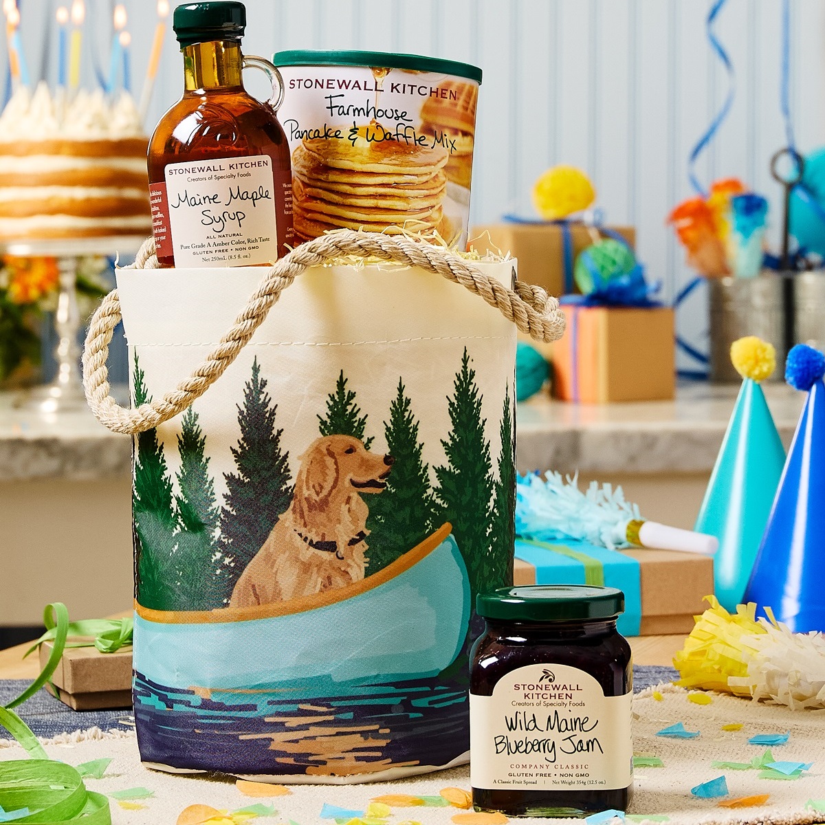 Image of Sea Bags® Dog in Blue Canoe Bucket Bag Breakfast Gift