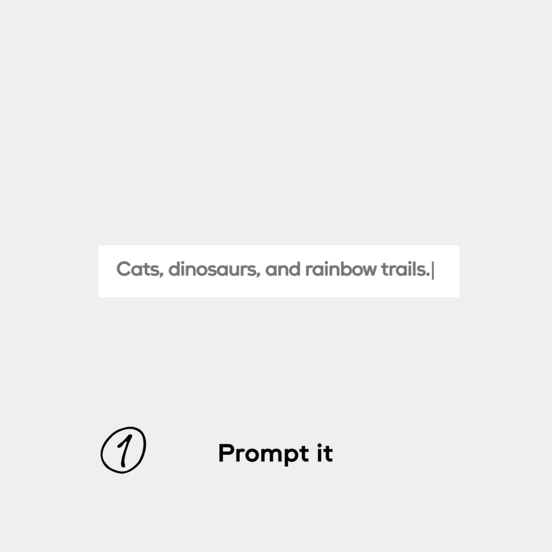 Animated graphic showing a four-step AI-DADA watch creation process. Step 1: User enters a creative text prompt. Step 2: The Swatch AI generates watch designs based on the prompt. Step 3: A one-of-a-kind watch design is produced. Step 4: User can customize details such as the watch mechanism color and finalizes the design. The animation ends with an AI-DADA logo and the 1/1 text.