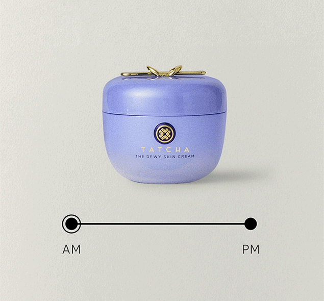 An AM and PM comparison gif of Tatcha moisturizers: the Dewy Skin Cream and Indigo Overnight Repair.