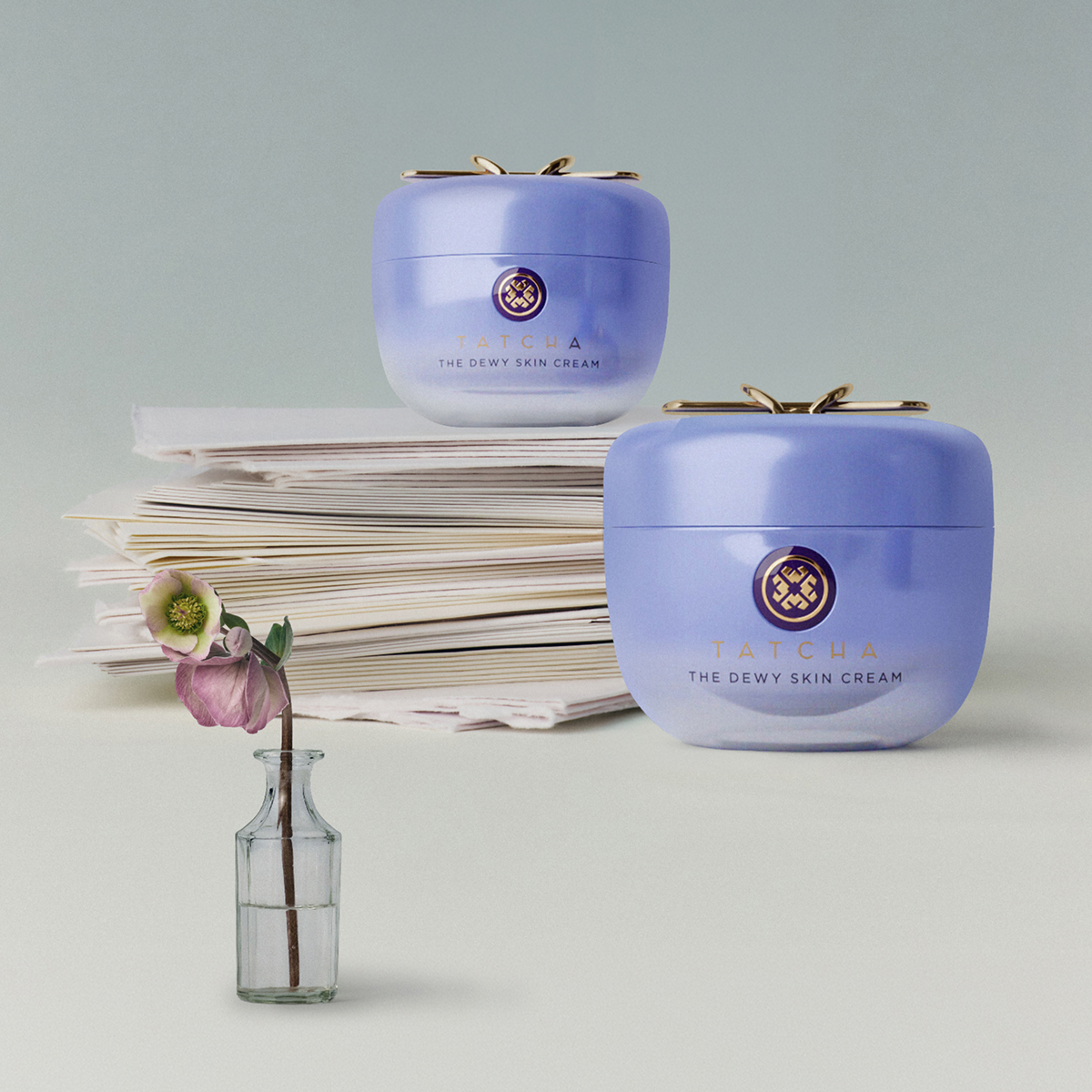 The Tatcha Dewy Skin Cream in the full size and gratitude size, stacked on some envelopes with a flower stem in a bottle.