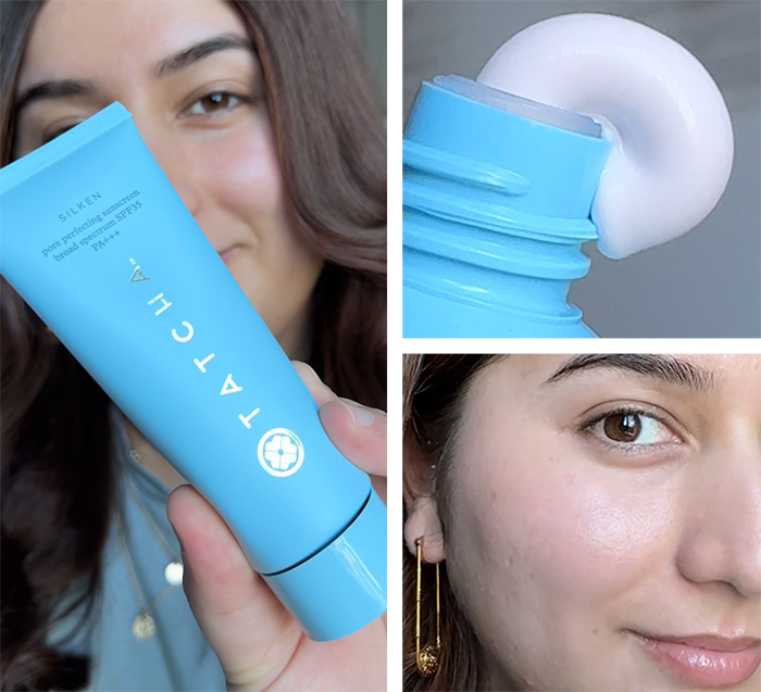 A model posing with the Tatcha Silken SPF, with a product texture shot and skin showcase shot.