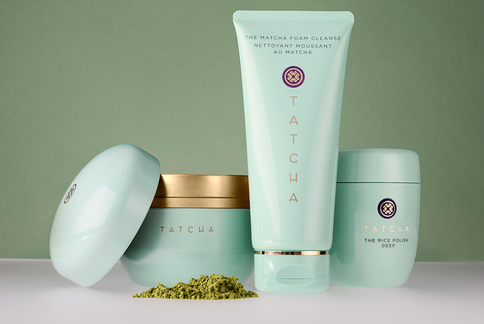 An image of Tatcha's new formula alongside an exclusive Tatcha branded tea jar, a gift with eligible purchases