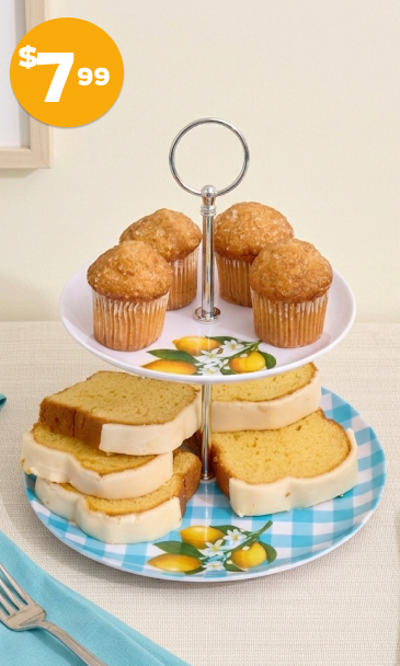 Citrus Chic Blue Plaid and Lemon Print 2-Tier Serving Tray