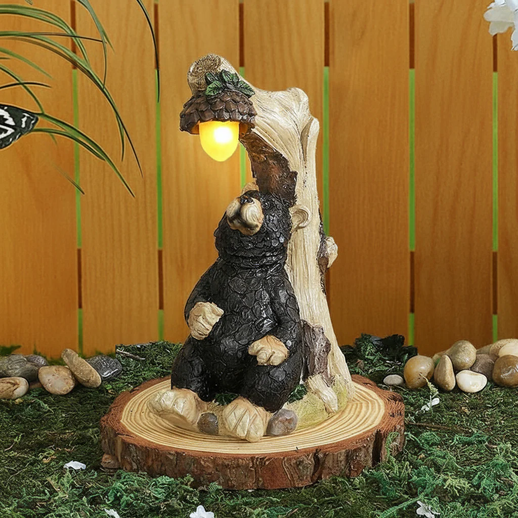 Image of Bear Statue Lodge Themed For Garden With Solar Acorn