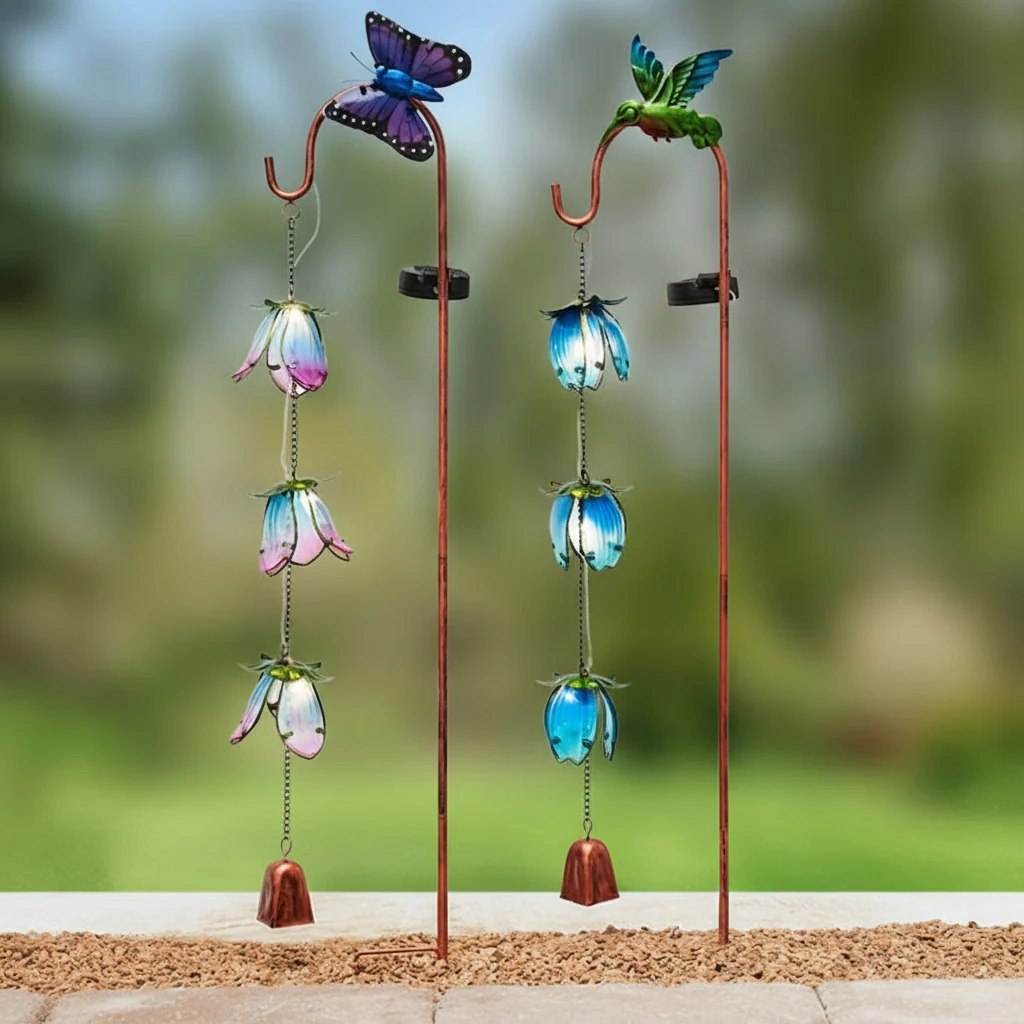 Image of Cascading Flower Solar Garden Stake - Butterfly or Hummingbird