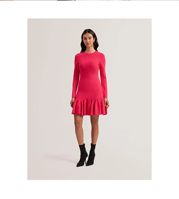 LOISSS Flounce Hem Long Sleeve Knitted Mini Dress