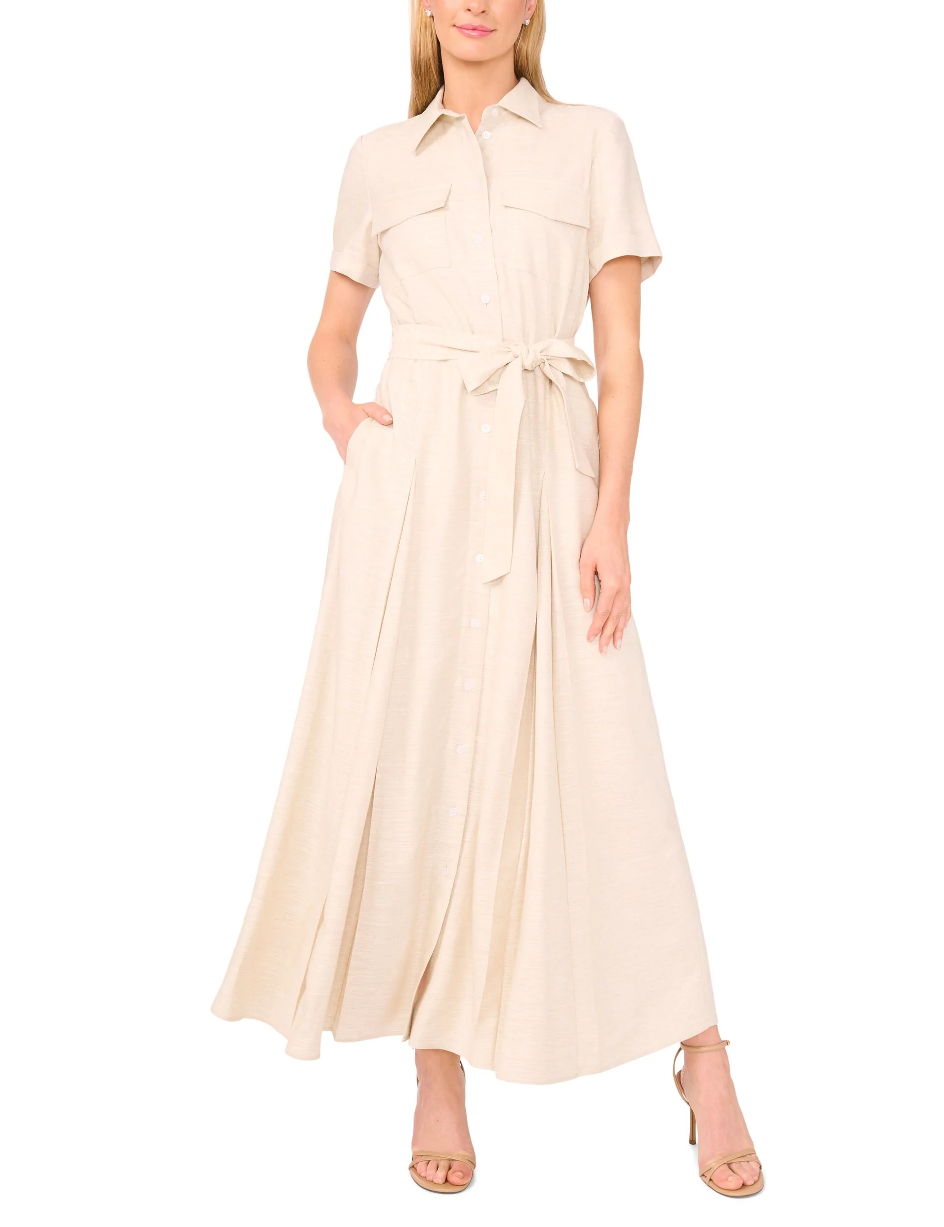 Image of SHIRT DRESS WITH SELF BELT | TAUPE