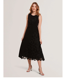 SLEEVELESS LACE APPLIQUE MIDI DRESS Black
