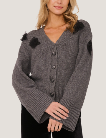 LACHLAN V-Neck Cardigan with Mesh 3D Rose
