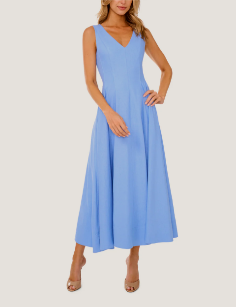 SLEEVELESS V-NECK PLEATED MAXI DRESS Mid-Blue