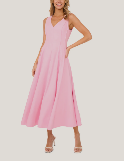 SLEEVELESS V-NECK PLEATED MAXI DRESS Lt-Pink
