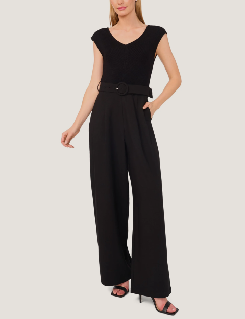 V-NECK JUMPSUIT WITH WOVEN BOTTOM Black