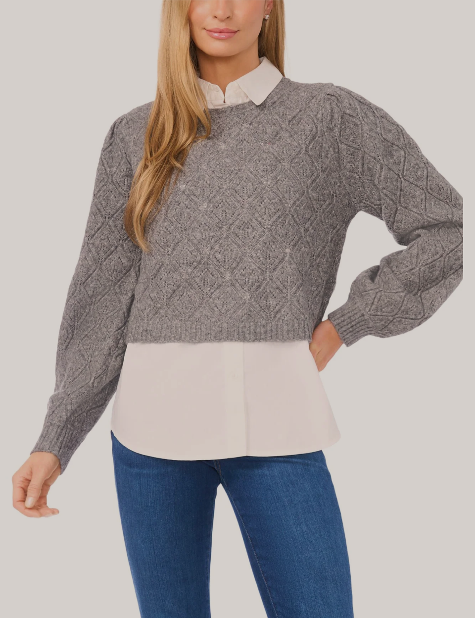 RUMER Allover Pointelle Texture Stitch Twofer with Woven Collar and Hem