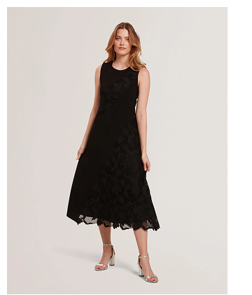 SLEEVELESS LACE APPLIQUE MIDI DRESS Black