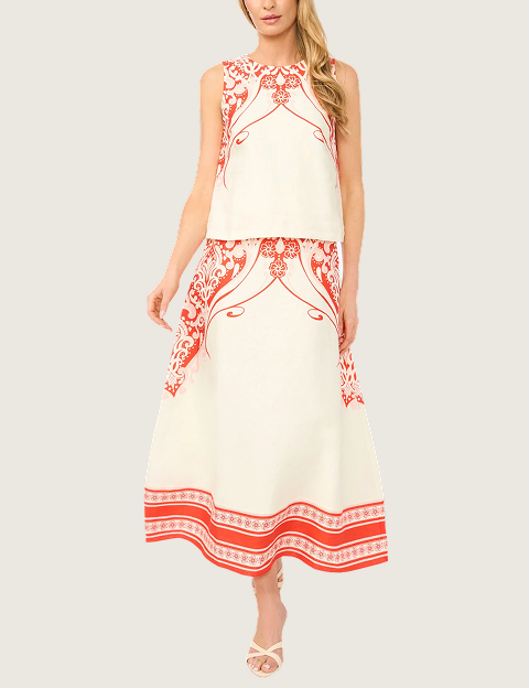 CARMEN Printed Detail Linen A-Line Midi Skirt